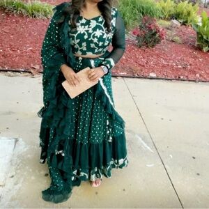 Emerald green and silvers 3 piece lengha.. only worn once for a wedding.